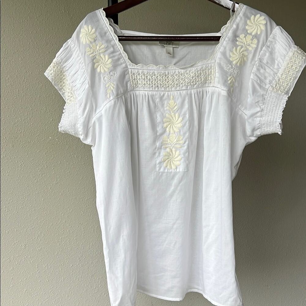 LOFT White Short Sleeve Blouse with Cream Embroidery